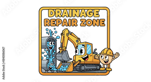 Cartoon Drainage Repair Zone Illustration Depicting Excavator and Animated Elements
