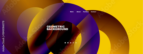 Abstract design features vibrant circles, gradients. Text displays work, about, portfolio, contact options. Modern, dynamic visual presentation.
