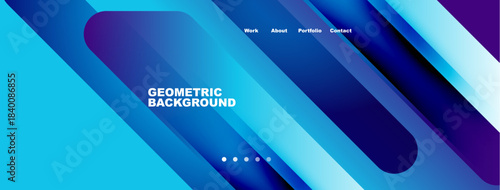 Abstract geometric background. Blue gradients dominate design. Text displays work, about, portfolio, contact options. Modern aesthetic.