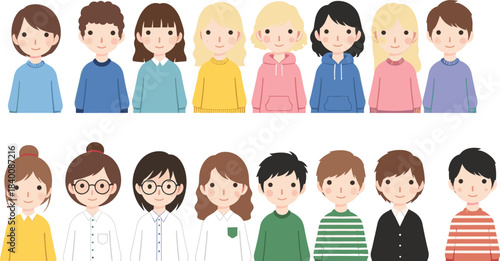 Vector collection of simple, stylized, and diverse multicultural avatars and portraits of young men and women for profile icons and community graphics