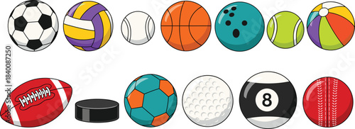 Vector collection of various sports balls and equipment, including soccer, basketball, tennis, bowling, billiards, rugby, and golf, for game and activity designs