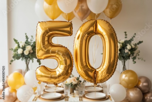 Golden balloons shaped as number 50 are prominently displayed at a festive table setting adorned with flowers and elegant decorations for a milestone celebration