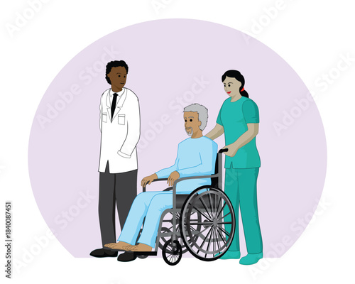 Vector illustration design of an old man sitting in a wheelchair and being pushed by a female nurse in green and beside him there is also a doctor in white walking on his left.