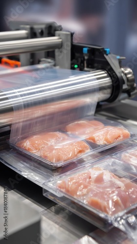 Close view of a map tray sealer pulling clear film over packaged chicken, showcasing the sealing process in a modern food production environment