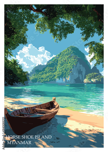 Vector illustration of a serene tropical beach with turquoise water, lush greenery, and a traditional wooden boat, perfect for travel posters
