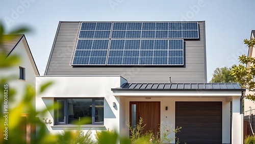 Modern house with solar panels on roof, clean architectural lines, sustainable living concept.