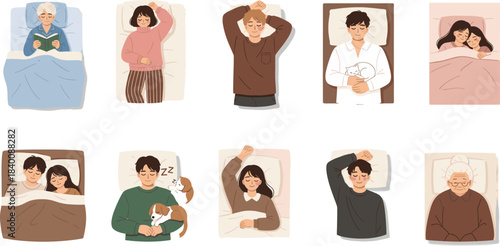 Vector illustration set depicting diverse people, including couples and seniors, sleeping, resting, reading, or relaxing comfortably in bed with pets and blankets