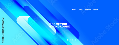 Bright blue geometric background. Contains text work, about, portfolio, contact. Dots indicate further sections below. Modern design elements present.
