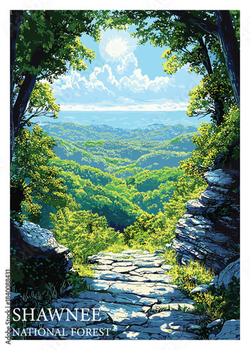 Vibrant vector artwork of Shawnee National Forest capturing the serene vista, perfect for promoting eco-tourism and sustainable travel initiatives.
