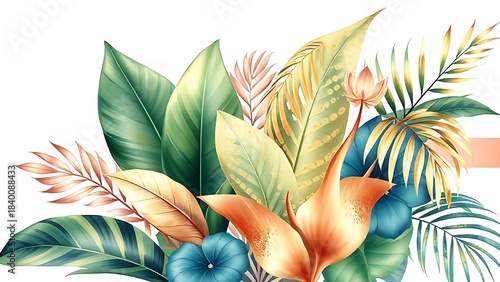 Watercolor botanical illustration of tropical plants with gold leaf accents on soft gradient background.