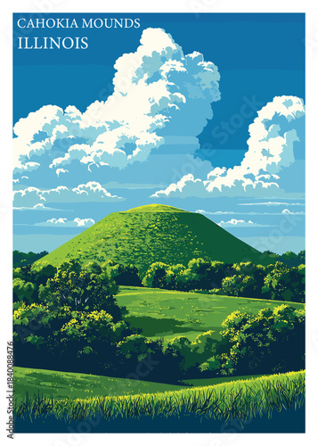 Stunning vector illustration of Cahokia Mounds in Illinois, capturing the historic site's beauty, perfect for educational and travel-related content.