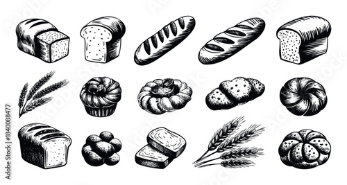 Vintage black and white sketches of diverse bread types and wheat ears perfect for bakery branding, menu design, and culinary publications.