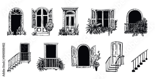 Collection of Hand Drawn Architectural Elements Featuring Arched Entryways, Doors, Balconies, and Stairs With Lush Greenery, Ideal for Home Decor and Property Marketing Concepts