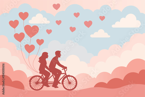 romantic couple riding bicycle among clouds and heart balloons in pastel landscape