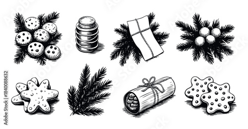 Festive collection of hand drawn holiday cookies and pine branches, perfect for seasonal promotions and greeting cards.