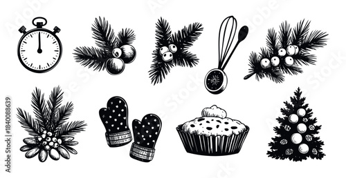 Black and white handdrawn festive elements including a stopwatch, pine branches with berries, mittens, a cupcake, and a Christmas tree, perfect for seasonal greetings and holiday