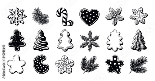 Collection of festive hand drawn Christmas holiday icons including snowflakes pine branches candy cane and gingerbread cookies for seasonal celebration design projects