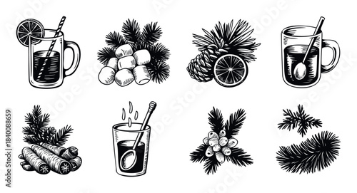 Winter holiday beverages and natural elements like pine cones, cinnamon sticks, and berries for festive promotions and seasonal decor.