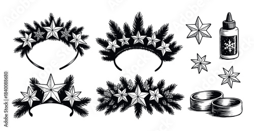 Black and white line drawings of festive Christmas adornments including starshaped ornaments, pine branches, a snowflake glue bottle, and rings, perfect for seasonal crafting and greeting