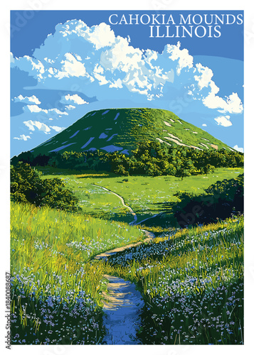 Detailed vector illustration capturing the serene beauty of Cahokia Mounds in Illinois, a significant Native American historical site.