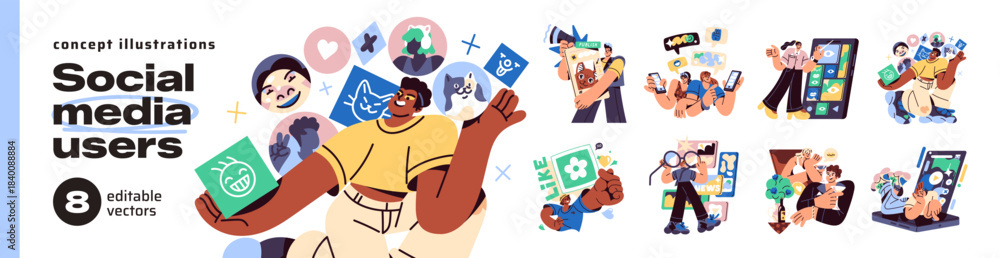 Naklejka premium People using social media concept set. Men and women are texting and surfing internet. Online networks on smartphones. Characters chat by phone. Flat isolated vector illustrations on white background