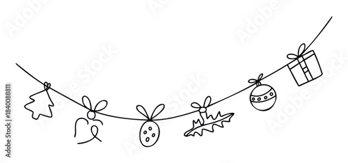 Simple black line drawings of Christmas ornaments including a tree, baubles, a gift, and holly hang from a string for festive holiday decoration and celebration themes