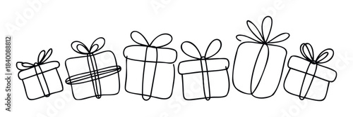 Set of hand drawn gift boxes with bows in a continuous line style, perfect for festive promotions, event invitations, and seasonal marketing campaigns.