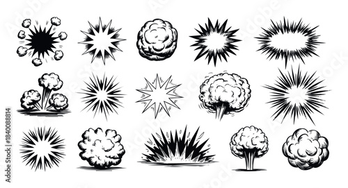 Collection of comic book explosion and smoke effects with starbursts and puff clouds for action scenes and dramatic impact in graphic narratives
