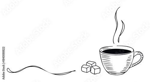 Simple black and white line drawing of a steaming coffee cup with sugar cubes and decorative swirl, perfect for morning beverage promotions and cafe branding needs