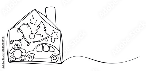 One line drawing of a house filled with toys including a teddy bear and a car, perfect for childrens themes and holiday decoration concepts.