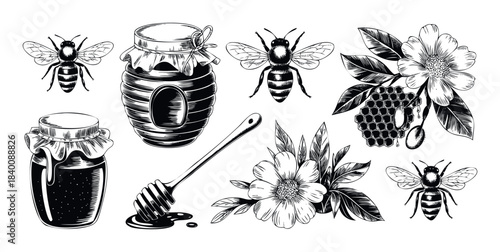 Vintage black and white engraving style collection of bees, honey jars, flowers, and honeycomb, perfect for food branding, packaging, or rustic themed projects.