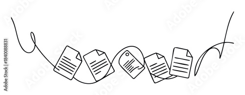Continuous line drawing of documents flowing like a wire, representing workflow and information transfer for business and organization concepts.