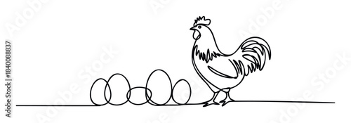 Line art of a rooster standing next to a row of eggs, perfect for farm life themes and springtime promotions.