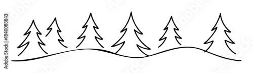 Simple black line drawing of a forest landscape with stylized evergreen trees and undulating ground for winter or nature themes and graphic usage.
