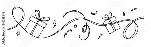 Hand drawn festive celebration border with gift boxes and confetti for holiday greetings and party invitations for joyful occasions