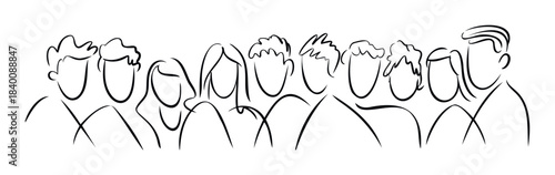 A lineup of simple, abstract line figures representing a diverse group of people, ideal for concepts of community, teamwork, or individuality in presentations and social media.