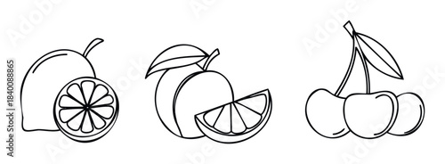 Simple line drawings of citrus fruits like lemon and orange slices, whole fruits, and a bunch of cherries perfect for healthy food and beverage graphics.