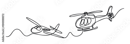 Minimalist single line drawing of a helicopter and an airplane flying in dynamic motion, perfect for transportation or travel themed concepts and graphic usage