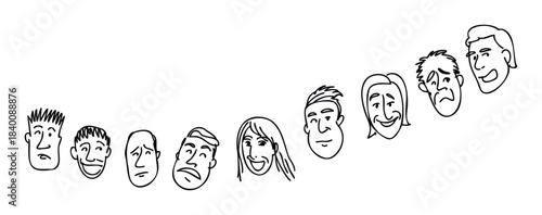 Collection of diverse facial expressions depicted as line drawings, representing a spectrum of human emotions for communication and emotional understanding applications.