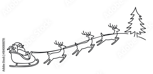 Whimsical Christmas scene with Santa Claus driving a sleigh pulled by reindeer across a starry sky towards a fir tree perfect for holiday greetings and winter promotions.