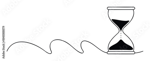 Hourglass with sand flowing down connected to a continuous wavy line, symbolizing time passing and its continuous nature for projects and concepts.