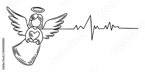 Angel figure holding heart symbol connected to a cardiogram line representing life and protection, perfect for healthcare or spiritual themes.