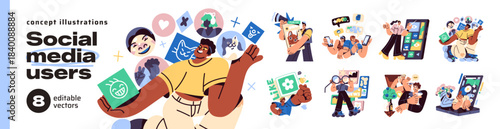 People using social media concept set. Men and women are texting and surfing internet. Online networks on smartphones. Characters chat by phone. Flat isolated vector illustrations on white background