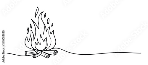 A minimalist line drawing of a campfire with flames and logs, representing warmth and outdoor adventures, perfect for cozy themes and promotional materials.