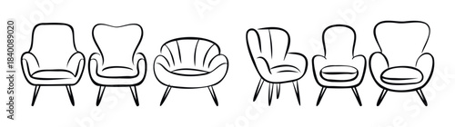 Collection of six various modern armchair silhouettes for interior furniture concepts and home decor projects, showcasing distinct shapes and styles.