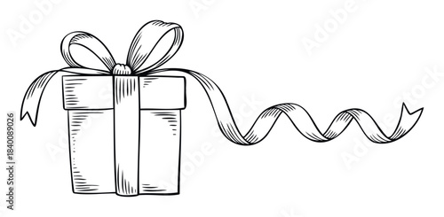 Hand drawn black and white sketch of a gift box with a ribbon, perfect for holiday greetings, celebrations, and festive invitations.