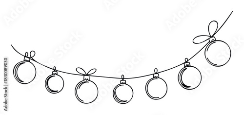 Festive string of Christmas ornaments with ribbons, perfect for holiday decorations and seasonal greeting cards.