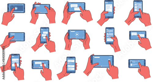 Large vector collection of diverse hands interacting with smartphones for texting, video streaming, app use, and various mobile device communication interfaces