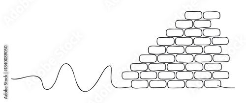 Abstract line drawing of a winding path or wave leading to a textured brick wall structure, suitable for conveying concepts of progress, obstacles, or growth in presentations and web