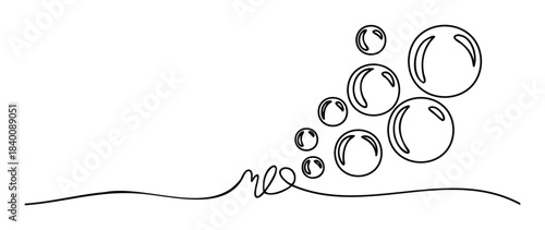 Minimalist black line art depicting bubbles rising and flowing from a wavy line, perfect for cleansing, freshness, or lighthearted themes.